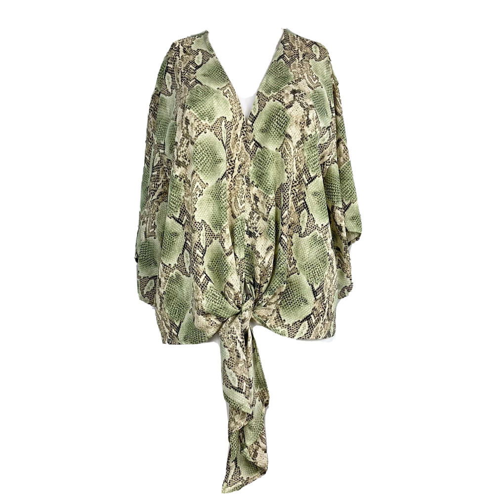 NWT Adrienne Shirt Womens Sz M‎ Green Beige Jungle Python Snake Knotted Blouse